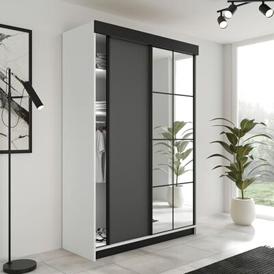 KIER FURNITURE LAMARO Schuifkast met spiegel Slaapkamerkast Wardrobe Slaapkamer Kasten Kledingkast 138x205x59 Wit & Grafiet KIER FURNITURE LAMARO Schuifkast met spiegel Slaapkamerkast Wardrobe Slaapkamer Kasten Kledingkast 138x205x59 Wit & Grafiet