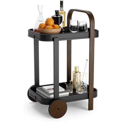 Umbra Bellwood Barwagen, serveerwagen en bijzettafel met 2 etages en afneembare metalen dienbladen, zwart/walnoot Umbra Bellwood Barwagen, serveerwagen en bijzettafel met 2 etages en afneembare metalen dienbladen, zwart/walnoot
