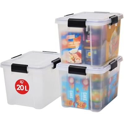 Iris Ohyama Set van 3 opbergdozen, 20 liter, luchtdicht, met 4 stapelbare clips, voor garage, kelder of zolder, luchtdichte AT-SD-opbergdoos, doorzichtig Iris Ohyama Set van 3 opbergdozen, 20 liter, luchtdicht, met 4 stapelbare clips, voor garage, kelder of zolder, luchtdichte AT-SD-opbergdoos, doorzichtig