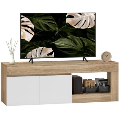 HOMCOM TV-meubel 140 cm voor tv's tot 60 inch, natuurlijk hout TV-kast, 2 deuren met zachte sluiting, open vak, moderne tv-bank, woonkamer, slaapkamer HOMCOM TV-meubel 140 cm voor tv's tot 60 inch, natuurlijk hout TV-kast, 2 deuren met zachte sluiting, open vak, moderne tv-bank, woonkamer, slaapkamer