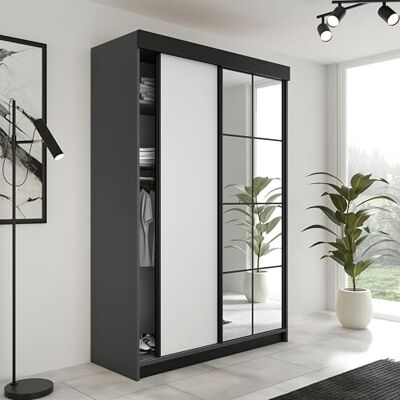 KIER FURNITURE LAMARO Schuifkast met spiegel Slaapkamerkast Wardrobe Slaapkamer Kasten Kledingkasten 138x205x59 Grafiet & Wit KIER FURNITURE LAMARO Schuifkast met spiegel Slaapkamerkast Wardrobe Slaapkamer Kasten Kledingkasten 138x205x59 Grafiet & Wit