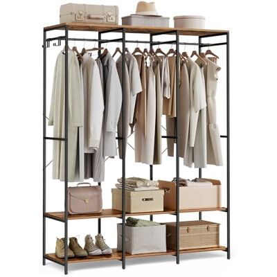 SONGMICS RGR005B01 Open kast met kledingstang, planken, afneembare haken, 40 x 141 x 180 cm, vintage bruin SONGMICS RGR005B01 Open kast met kledingstang, planken, afneembare haken, 40 x 141 x 180 cm, vintage bruin