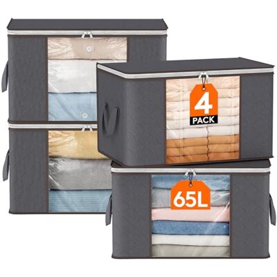 Lifewit 4 stuks opbergzakken voor kleding, 60 liter, opbergdoos, verhuizing, opbergbak voor kleding, dekens, dekbedden, opvouwbare opbergdoos met versterkt handvat, grijs Lifewit 4 stuks opbergzakken voor kleding, 60 liter, opbergdoos, verhuizing, opbergbak voor kleding, dekens, dekbedden, opvouwbare opbergdoos met versterkt handvat, grijs