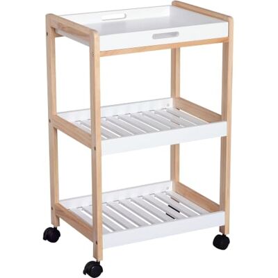 HOMCOM Serveerwagen Keukenwagen met wieltjes, 2 Planken, Wit Afneembaar dienblad, grenenhout, MDF HOMCOM Serveerwagen Keukenwagen met wieltjes, 2 Planken, Wit Afneembaar dienblad, grenenhout, MDF