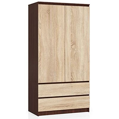AKORD Kledingkast met twee deuren S 90 cm 2 laden met planken en kledingstang voor slaapkamer minimalistische stijl 16 mm laminaatplaat wengé/sonoma AKORD Kledingkast met twee deuren S 90 cm 2 laden met planken en kledingstang voor slaapkamer minimalistische stijl 16 mm laminaatplaat wengé/sonoma