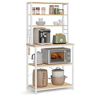 VASAGLE KKS019W09 Keukenrek, rek voor koffiezetapparaat, 6 planken en 6 haken, voor magnetron, stalen frame, industriële stijl, 40 x 80 x 167 cm, eiken en wit VASAGLE KKS019W09 Keukenrek, rek voor koffiezetapparaat, 6 planken en 6 haken, voor magnetron, stalen frame, industriële stijl, 40 x 80 x 167 cm, eiken en wit