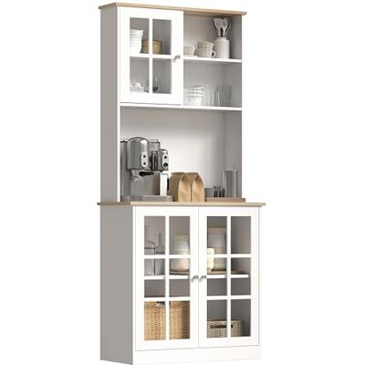 HOMCOM Keukendressoir, keukenkast, hoge opbergruimte, opbergkast met werkblad, 3 glazen deuren, 2 verstelbare nissen en planken, 80 x 37 x 183 cm, eikenwit HOMCOM Keukendressoir, keukenkast, hoge opbergruimte, opbergkast met werkblad, 3 glazen deuren, 2 verstelbare nissen en planken, 80 x 37 x 183 cm, eikenwit
