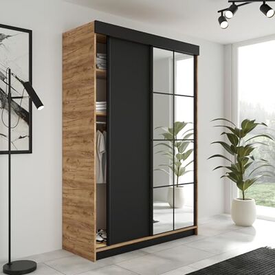 KIER FURNITURE LAMARO Schuifkast met spiegel Kledingkast slaapkamer Wardrobe Slaapkamer Kasten Kledingkasten 138x205x59 Eiken Ambacht Goud & Zwart KIER FURNITURE LAMARO Schuifkast met spiegel Kledingkast slaapkamer Wardrobe Slaapkamer Kasten Kledingkasten 138x205x59 Eiken Ambacht Goud & Zwart