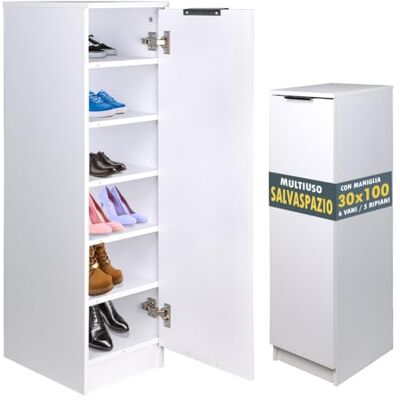 BAKAJI Multifunctionele schoenenkast van hout, krasbestendig, schoenenkast met 6 vakken en 5 planken, ideaal voor thuis, entree, kantoor, woonkamer, 30 x 35 x 100 cm (wit) BAKAJI Multifunctionele schoenenkast van hout, krasbestendig, schoenenkast met 6 vakken en 5 planken, ideaal voor thuis, entree, kantoor, woonkamer, 30 x 35 x 100 cm (wit)