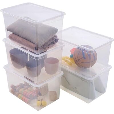 Sundis Clear Box Opbergdozen, 5 stuks, 46 l, kunststof, transparant, met deksel, stapelbaar en stapelbaar Sundis Clear Box Opbergdozen, 5 stuks, 46 l, kunststof, transparant, met deksel, stapelbaar en stapelbaar