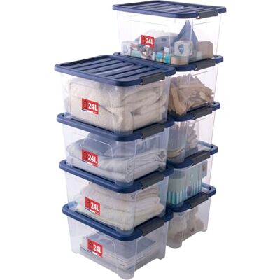 Sundis Wave Box Opbergdozen met klikdeksel, 24 l, transparant, kunststof, stapelbaar, ideaal voor slaapkamer, kleedkamer, kantoor, wasruimte, 9 stuks Sundis Wave Box Opbergdozen met klikdeksel, 24 l, transparant, kunststof, stapelbaar, ideaal voor slaapkamer, kleedkamer, kantoor, wasruimte, 9 stuks