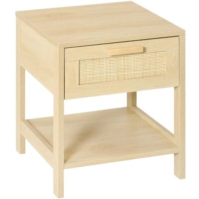 HOMCOM Nachtkastje, 40 x 40 x 48 cm, natuurlijke houtlook, licht Nachttafel, lade en plank, rieten van rotan HOMCOM Nachtkastje, 40 x 40 x 48 cm, natuurlijke houtlook, licht Nachttafel, lade en plank, rieten van rotan