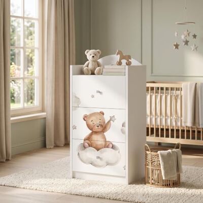 Happy Babies Kindercommode wit met 3 laden, ladekast met mooie print, waskast voor kinderkamer, babykamer, uniseks, nr. 97 Happy Babies Kindercommode wit met 3 laden, ladekast met mooie print, waskast voor kinderkamer, babykamer, uniseks, nr. 97