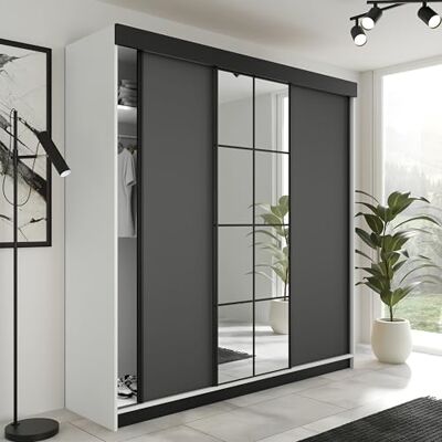 KIER FURNITURE LAMARO Schuifkast met spiegel Slaapkamerkast Wardrobe Slaapkamer Kasten Kledingkast 200x205x59cm Wit & Grafiet KIER FURNITURE LAMARO Schuifkast met spiegel Slaapkamerkast Wardrobe Slaapkamer Kasten Kledingkast 200x205x59cm Wit & Grafiet
