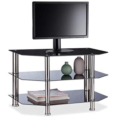 Relaxdays , TV-meubel zwart/zilver, zwart glas, 3 planken van gehard glas, rubberen poten, roestvrij staal, 49 x 80 x 45 cm, standaard Relaxdays , TV-meubel zwart/zilver, zwart glas, 3 planken van gehard glas, rubberen poten, roestvrij staal, 49 x 80 x 45 cm, standaard