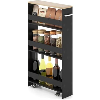 GIANTEX Nisrek, 13 cm breed, keukenwagen op wielen met 4 etages, houten rek voor badkamer, 47,5 x 13 x 80,5 cm GIANTEX Nisrek, 13 cm breed, keukenwagen op wielen met 4 etages, houten rek voor badkamer, 47,5 x 13 x 80,5 cm