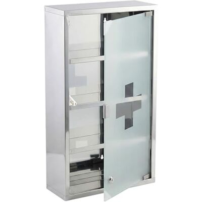Floordirekt Zilveren medicijnkast 60 x 30 cm 4 vakken afsluitbare medicijnkast met melkglazen deur, roestvrij staal of wit metaal, medicijnkast voor de kamer Floordirekt Zilveren medicijnkast 60 x 30 cm 4 vakken afsluitbare medicijnkast met melkglazen deur, roestvrij staal of wit metaal, medicijnkast voor de kamer