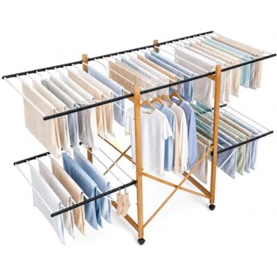 BAKAJI Uitschuifbaar droogrek XXL wasrek 2 niveaus opvouwbaar wasrek met uittrekbare vleugels en 4 wielen voor binnen en buiten BAKAJI Uitschuifbaar droogrek XXL wasrek 2 niveaus opvouwbaar wasrek met uittrekbare vleugels en 4 wielen voor binnen en buiten