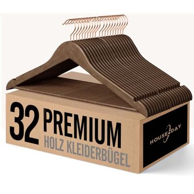 HOUSE DAY 32 stuks walnoothouten kleerhangers Stevige kleerhangers Draaibaar 44,5 cm breed Met inkeping Roségouden haken HOUSE DAY 32 stuks walnoothouten kleerhangers Stevige kleerhangers Draaibaar 44,5 cm breed Met inkeping Roségouden haken