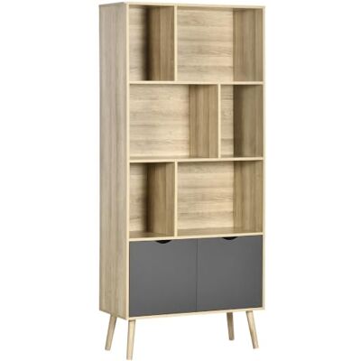 HOMCOM Boekenkast, opbergkast, modern design, met kast en 6 open houten planken, voor woonkamer, kantoor, slaapkamer, afmetingen 80 x 35 x 180 cm, natuurlijk hout en donkergrijs HOMCOM Boekenkast, opbergkast, modern design, met kast en 6 open houten planken, voor woonkamer, kantoor, slaapkamer, afmetingen 80 x 35 x 180 cm, natuurlijk hout en donkergrijs