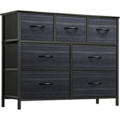 YITAHOME Commode met 7 laden met stalen frame en stoffen bovenkant voor slaapkamer, woonkamer, kast, zwarte houtnerf YITAHOME Commode met 7 laden met stalen frame en stoffen bovenkant voor slaapkamer, woonkamer, kast, zwarte houtnerf