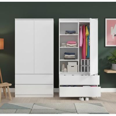 Home Collective Witte kast hoogte 180 cm breedte 90 cm met 2 laden en 3 legplanken en kledingstang, houten kast voor slaapkamer, hal, kelder, kantoor Home Collective Witte kast hoogte 180 cm breedte 90 cm met 2 laden en 3 legplanken en kledingstang, houten kast voor slaapkamer, hal, kelder, kantoor