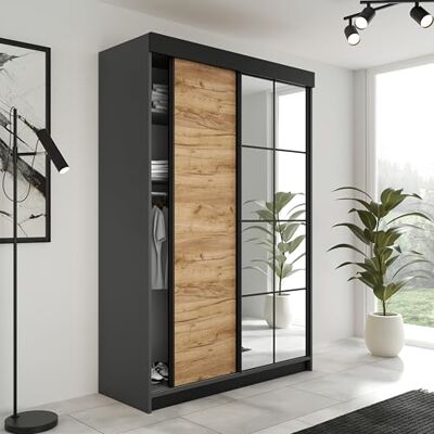 KIER FURNITURE LAMARO Schuifkast met spiegel Slaapkamerkast Wardrobe Slaapkamer Kasten Kledingkasten 138x205x59 Grafiet & Eiken Handwerk Goud KIER FURNITURE LAMARO Schuifkast met spiegel Slaapkamerkast Wardrobe Slaapkamer Kasten Kledingkasten 138x205x59 Grafiet & Eiken Handwerk Goud