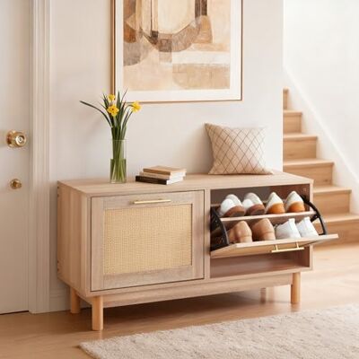 VEVOR Schoenenbank voor entree, 40 x 30 x 52 cm, rotan schoenenrek met 2 inklapbare laden, schoenenrek 136 kg met 4 vakken en 2 rotandeuren, voor hal, woonkamer VEVOR Schoenenbank voor entree, 40 x 30 x 52 cm, rotan schoenenrek met 2 inklapbare laden, schoenenrek 136 kg met 4 vakken en 2 rotandeuren, voor hal, woonkamer