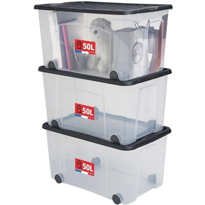 Sundis Ventilo, set van 3 opbergdozen met deksel en wielen, 50 l, van transparante kunststof, stapelbaar en stapelbaar, ideaal voor het opbergen van slaapkamer, speelgoed, kantoor, wasgoed, zwart Sundis Ventilo, set van 3 opbergdozen met deksel en wielen, 50 l, van transparante kunststof, stapelbaar en stapelbaar, ideaal voor het opbergen van slaapkamer, speelgoed, kantoor, wasgoed, zwart