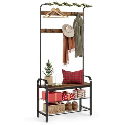 VASAGLE Kapstok, garderobe, ingangsmeubel, met afneembare haken, bank en schoenenrek, hoogte 183 cm, metalen frame, industriële stijl, rustiek bruin en zwart HSR400B01 VASAGLE Kapstok, garderobe, ingangsmeubel, met afneembare haken, bank en schoenenrek, hoogte 183 cm, metalen frame, industriële stijl, rustiek bruin en zwart HSR400B01