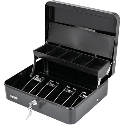 HMF Afsluitbare geldcassette met munteninzetstuk en 4 vakken voor bankbiljetten met klem, 30 x 24 x 9 cm, zwart HMF Afsluitbare geldcassette met munteninzetstuk en 4 vakken voor bankbiljetten met klem, 30 x 24 x 9 cm, zwart