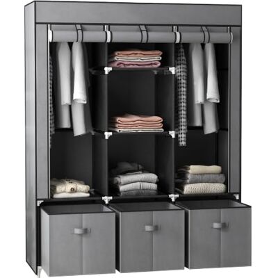 HOMCOM Opvouwbare stoffen opbergkast, 125 x 43 x 162,5 cm, grijs Kledingkast voor slaapkamer, 5 planken, 2 ophangstangen, 3 laden van stof HOMCOM Opvouwbare stoffen opbergkast, 125 x 43 x 162,5 cm, grijs Kledingkast voor slaapkamer, 5 planken, 2 ophangstangen, 3 laden van stof