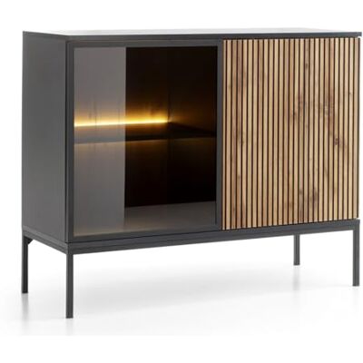 Selsey Tosena dressoir 104 x 39 x 83 cm modern design in zwart/grafiet/eiken Wotan met glazen voorkant en 4 vakken gelamineerde spaanplaat/MDF van gepoedercoat staal - Selsey Tosena dressoir 104 x 39 x 83 cm modern design in zwart/grafiet/eiken Wotan met glazen voorkant en 4 vakken gelamineerde spaanplaat/MDF van gepoedercoat staal -