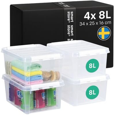 SmartStore 4 x opbergdoos van kunststof met klassiek deksel, 8 l (34 x 25 x 16 cm), stapelbaar en geschikt voor levensmiddelen, kunststof doos met deksel en versterkte hoeken SmartStore 4 x opbergdoos van kunststof met klassiek deksel, 8 l (34 x 25 x 16 cm), stapelbaar en geschikt voor levensmiddelen, kunststof doos met deksel en versterkte hoeken