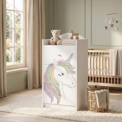 Happy Babies Kindercommode wit met 3 laden, ladekast met mooie print, waskast voor kinderkamer, babykamer, uniseks, nr. 414 Happy Babies Kindercommode wit met 3 laden, ladekast met mooie print, waskast voor kinderkamer, babykamer, uniseks, nr. 414
