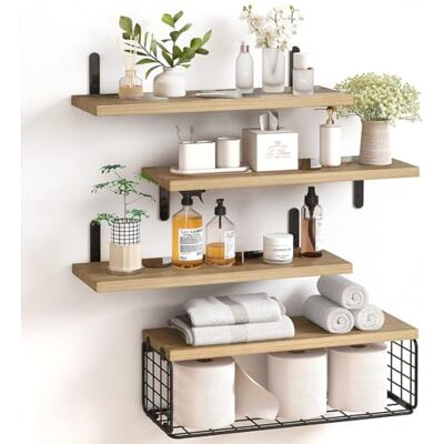 BAKAJI Set van 4 massief houten wandplanken, multifunctionele wandplanken, metalen houders en mand, planken voor slaapkamer, woonkamer, keuken, badkamer, boekenkast, winst BAKAJI Set van 4 massief houten wandplanken, multifunctionele wandplanken, metalen houders en mand, planken voor slaapkamer, woonkamer, keuken, badkamer, boekenkast, winst