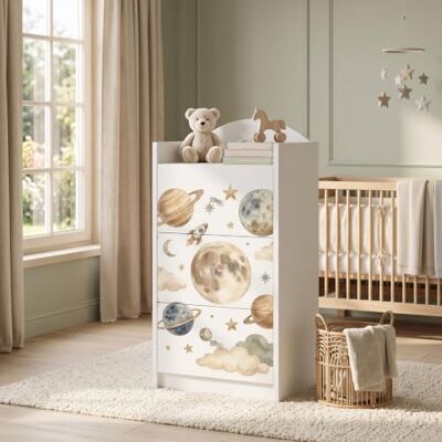 Happy Babies Kindercommode wit met 3 laden, ladekast met mooie print, waskast voor kinderkamer, babykamer, uniseks, nr. 392 Happy Babies Kindercommode wit met 3 laden, ladekast met mooie print, waskast voor kinderkamer, babykamer, uniseks, nr. 392
