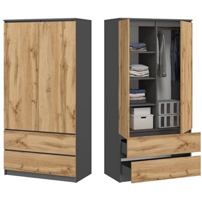 Home Collective Kast antraciet eiken 180 cm hoog en 90 cm breed met 2 laden, 3 legplanken en kledingstang, houten opbergkast voor slaapkamer, hal, kelder, kantoor Home Collective Kast antraciet eiken 180 cm hoog en 90 cm breed met 2 laden, 3 legplanken en kledingstang, houten opbergkast voor slaapkamer, hal, kelder, kantoor