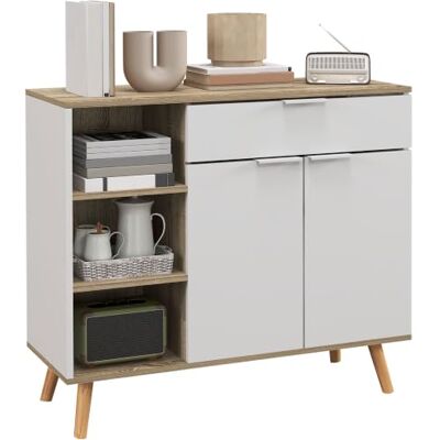 HOMCOM Opbergkast dressoir, keuken, 1 lade, 95 x 35 x 85 cm, wit Commode, verstelbare planken, 1 kast met dubbele deur, poten van massief hout HOMCOM Opbergkast dressoir, keuken, 1 lade, 95 x 35 x 85 cm, wit Commode, verstelbare planken, 1 kast met dubbele deur, poten van massief hout