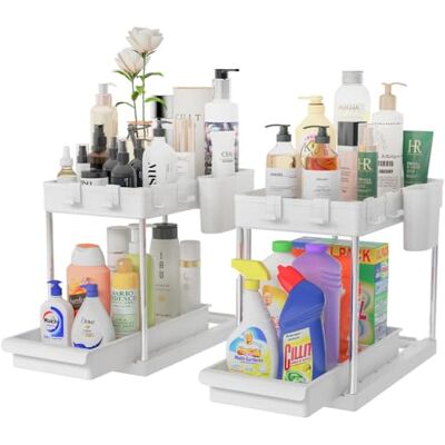 BAKAJI Set van 2 kelderorganizer voor badkamer en keuken met uittrekbare lade, uittrekbare mandplank, 2 planken, uitneembaar opbergrek (wit) BAKAJI Set van 2 kelderorganizer voor badkamer en keuken met uittrekbare lade, uittrekbare mandplank, 2 planken, uitneembaar opbergrek (wit)