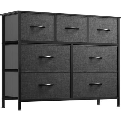 YITAHOME Stoffen commode met houten bovenkant en grote opbergruimte voor de slaapkamer, 7 laden, zwart en grijs YITAHOME Stoffen commode met houten bovenkant en grote opbergruimte voor de slaapkamer, 7 laden, zwart en grijs
