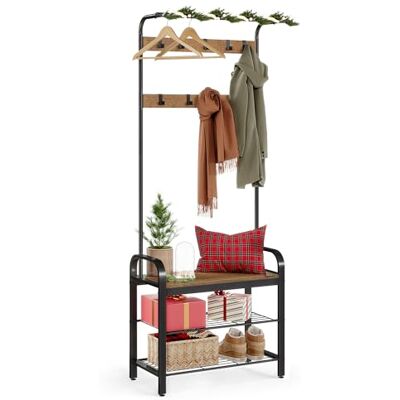 VASAGLE kapstok, kledingrek, garderobe, schoenenrek met zitje, met 9 afneembare haken, bankje, 2 netbodems, 183 cm hoog, walnoot bruin-zwart HSR040B41 VASAGLE kapstok, kledingrek, garderobe, schoenenrek met zitje, met 9 afneembare haken, bankje, 2 netbodems, 183 cm hoog, walnoot bruin-zwart HSR040B41