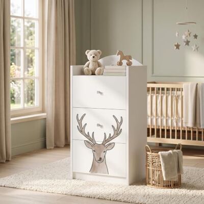 Happy Babies Kindercommode wit met 3 laden, ladekast met mooie print, waskast voor kinderkamer, babykamer, uniseks, nr. 415 Happy Babies Kindercommode wit met 3 laden, ladekast met mooie print, waskast voor kinderkamer, babykamer, uniseks, nr. 415