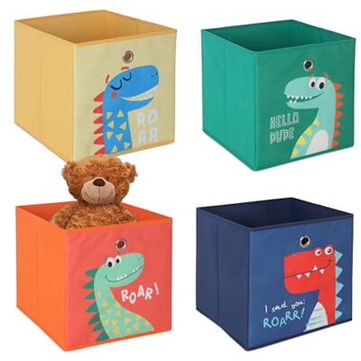 Relaxdays 4 stuks opbergdozen voor kinderen, schattig dinosaurusmotief, opvouwbare dozen voor kubusplanken, H x D: 30 x 30 x 30 cm, textiel, meerkleurig Relaxdays 4 stuks opbergdozen voor kinderen, schattig dinosaurusmotief, opvouwbare dozen voor kubusplanken, H x D: 30 x 30 x 30 cm, textiel, meerkleurig