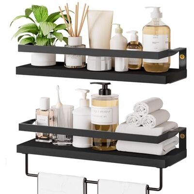 Yorbay Set van 2 houten wandplanken met handdoekhouder, hangrek van hout, voor keuken, badkamer, wasruimte, woonkamer, zwart Yorbay Set van 2 houten wandplanken met handdoekhouder, hangrek van hout, voor keuken, badkamer, wasruimte, woonkamer, zwart