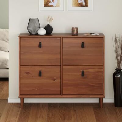 IDIMEX MIKKA schoenenkast van hout, schoenenrek van hout, opslag met 4 kleppen van massief grenen, donkerbruin IDIMEX MIKKA schoenenkast van hout, schoenenrek van hout, opslag met 4 kleppen van massief grenen, donkerbruin