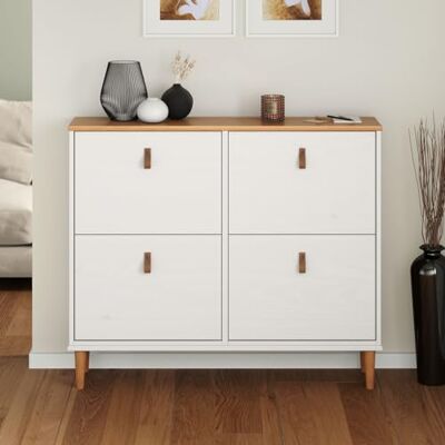 IDIMEX MIKKA schoenenkast van hout, schoenenrek van hout, opslag met 4 kleppen van massief grenen, wit/eiken IDIMEX MIKKA schoenenkast van hout, schoenenrek van hout, opslag met 4 kleppen van massief grenen, wit/eiken