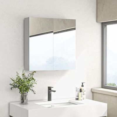 kleankin Badkamerwandkast, 3 niveaus, 60 x 15 x 60 cm, wit Opbergkast, verstelbaar rek, 2 deuren en spiegels, hangkast kleankin Badkamerwandkast, 3 niveaus, 60 x 15 x 60 cm, wit Opbergkast, verstelbaar rek, 2 deuren en spiegels, hangkast