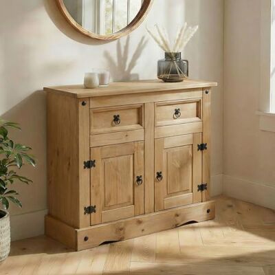 IDIMEX Salsa Dressoir dressoir van hout, Mexicaanse stijl, met 2 vleugeldeuren en 2 laden, van massief grenen, getint/gewaxt oppervlak IDIMEX Salsa Dressoir dressoir van hout, Mexicaanse stijl, met 2 vleugeldeuren en 2 laden, van massief grenen, getint/gewaxt oppervlak