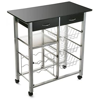 Versa Leicester Keukenwagen met wielen, laden en flessenhouder, keukenopslag, keukenopslag, afmetingen (h x b x l) 82 x 40 x 76 cm, hout en metaal, kleur zwart Versa Leicester Keukenwagen met wielen, laden en flessenhouder, keukenopslag, keukenopslag, afmetingen (h x b x l) 82 x 40 x 76 cm, hout en metaal, kleur zwart